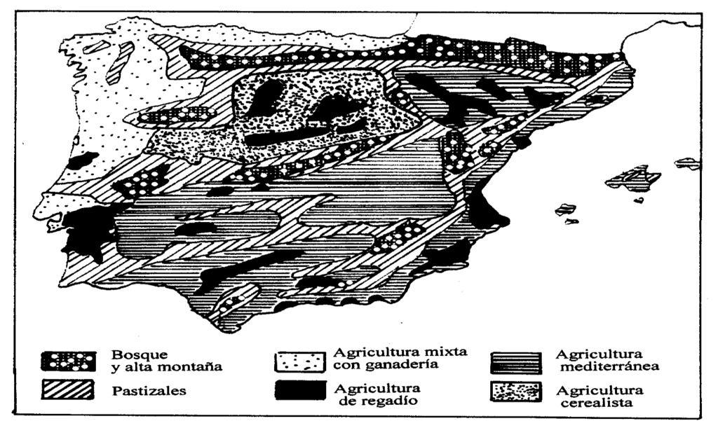 4. El mapa representa la distribución de los diferentes tipos de usos y aprovechamientos agrarios en la P. Ibérica y Baleares.
