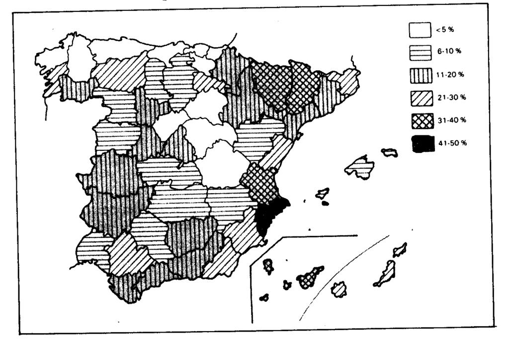 2. En el mapa siguiente se representa la proporción de regadío (%) en relación con la superficie labrada, en cada una de las provincias españolas.