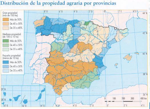 2. En el mapa se representa la distribución de la propiedad agraria por provincias.