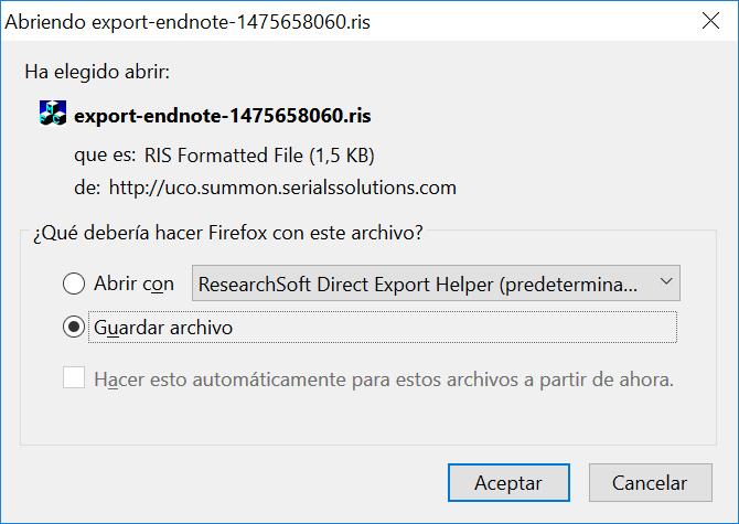 Recoger registros desde (3) Desde Exportar a seleccione la opción EndNote