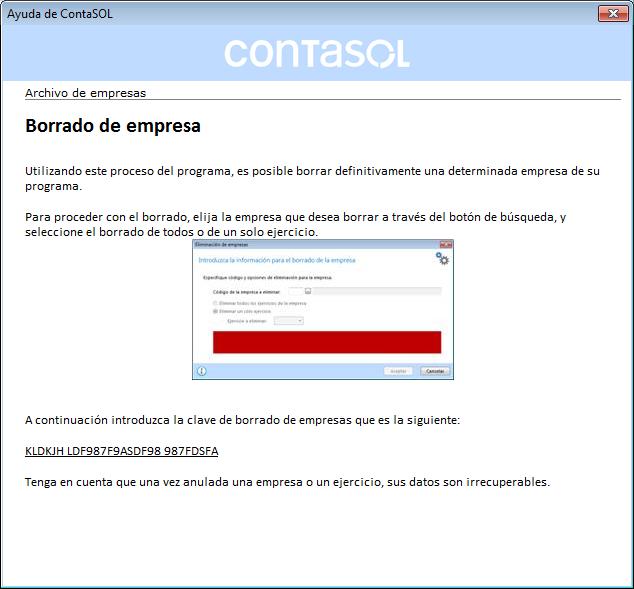pantalla: ContaSOL mostrará la pantalla de Ayuda para el Borrado de