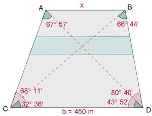 Se miden con el teodolito los ángulos C y D. C= 68º 11' y D= 80º 40'. También se miden los ángulos BCD = 32º 36' y ADC = 43º 52'.