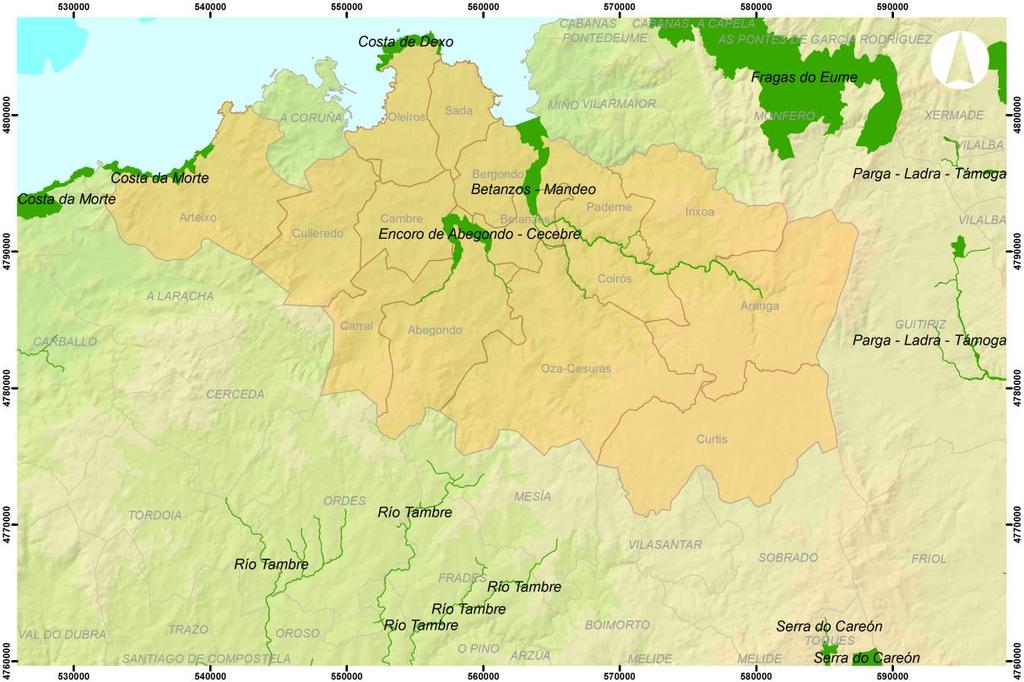 Figura 4: Mapa dos espazos protexidos da Rede Natura. Fonte: Elaboración propia a partir de datos do Sistema de Información Ambiental de Galicia (SIAM).