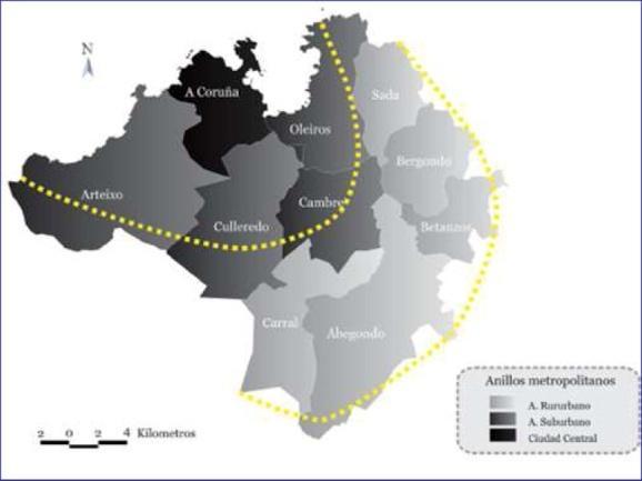 Figura 6: Aneis metropolitanos. Fonte: A Área Metropolitana de A Coruña: unha Metrópole Euroatlántica.