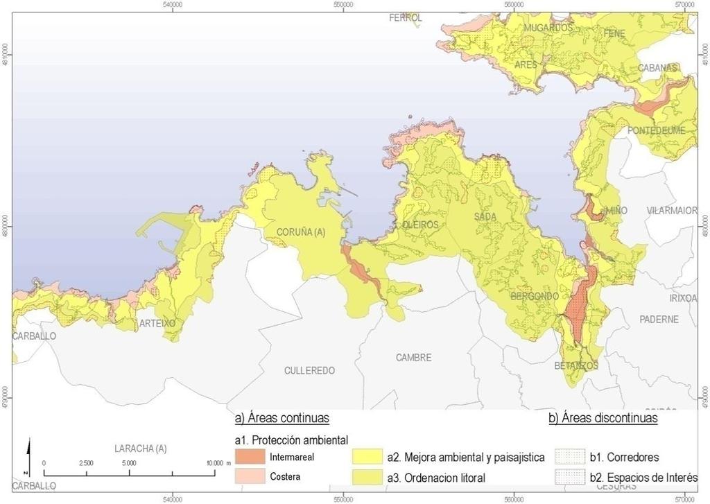 c) Redes de espazos naturais de Galicia. Recóllense os espazos incluídos na Lei 9/2001, do 21 de agosto, de Conservación da Natureza. Figura 15: Mapa da zona costeira do Golfo Ártabro e o POL.