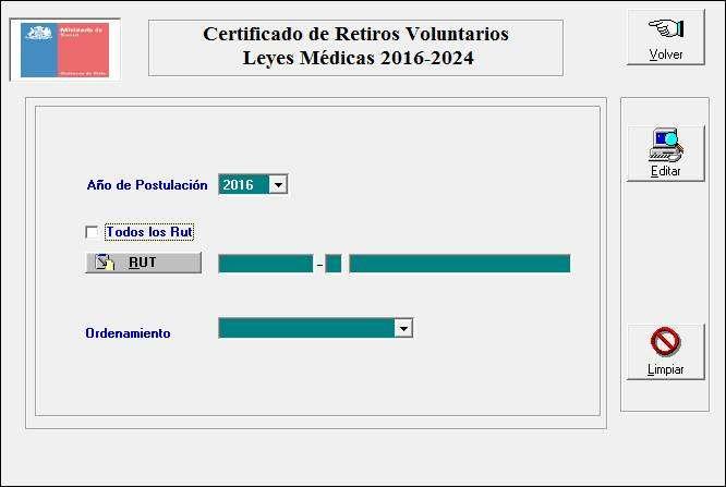 Formulario de Certificados de Retiros Voluntarios Leyes Médicas 2016-2024 Se genera nuevo formulario de emisión de certificado de postulación.