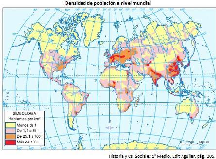 La densidad de población mundial es de 53 hab/km2; no obstante, esta cifra es engañosa, pues existen regiones de la Tierra donde las densidades pueden ser considerablemente mayores o bien, muy