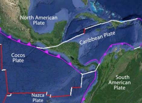La estrella roja muestra el epicentro de este terremoto. Al suroeste del epicentro, la Placa de Cocos se subduce debajo de la Placa Norteamericana a lo largo de la Fosa Mesoamericana.