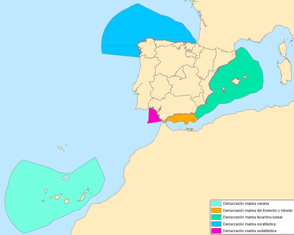 Demarcaciones marinas: delimitación Se elaborará una estrategia marina para cada una de las 5 demarcaciones marinas españolas: Noratlántica Sudatlántica Estrecho y