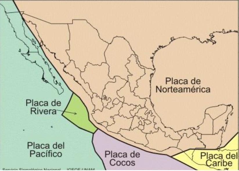 En la imagen se pueden observar las placas tectónicas que interactúan en la República Mexicana.