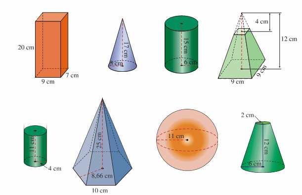11.- Calcula el área y volumen de estos cuerpos: 1.- Halla el volumen de los siguientes prismas, con base polígonos regulares: 13.
