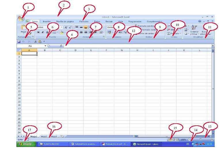 ELEMENTOS DE LA PANTALLA DE EXCEL Al entrar a MS Excel presenta la siguiente ventana con los siguientes elementos: Ilustración 3: Pantalla inicial de MS Excel 2007 1. Botón de office 2.