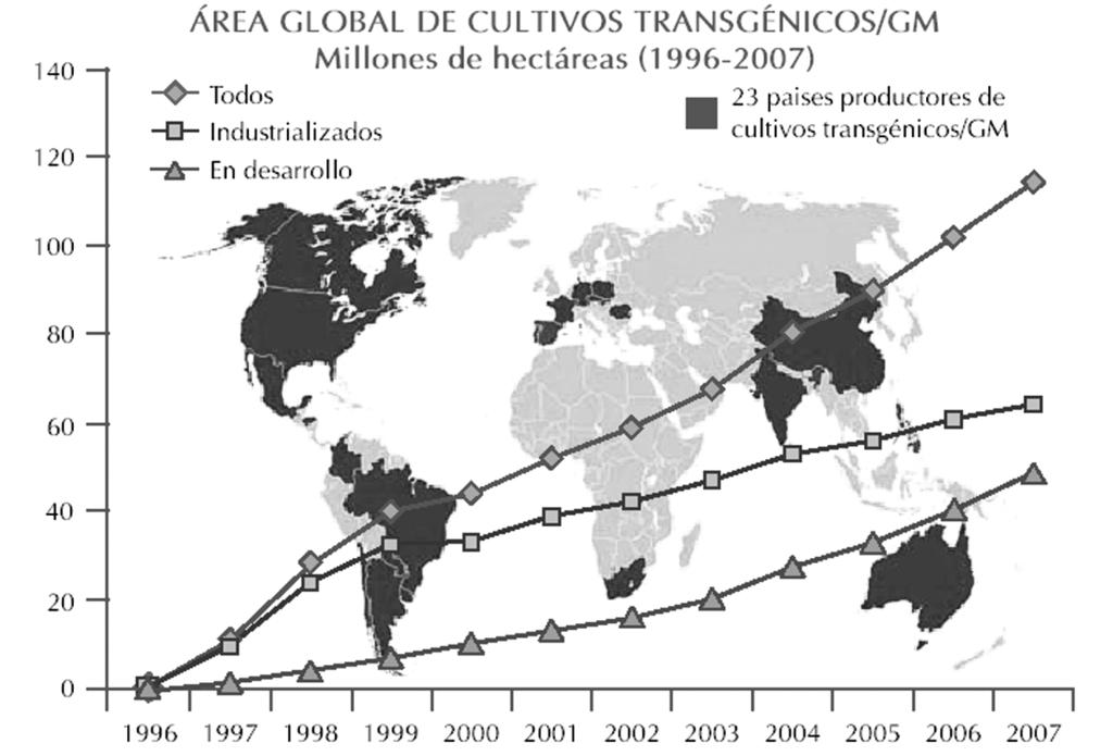 08 EL CULT VARIED GEN 18/11/08 13:07 Página 146 LA AGRICULTURA Y LA GANADERÍA EXTREMEÑAS EN 2007 GRÁFICO 1: Evolución de la superficie mundial de cultivos transgénicos Aumento del 12%.