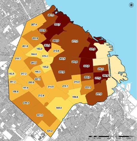 En cuanto al tamaño medio de las ofertas por barrio, se visualizan ciertas similitudes y diferencias entre 2001 y 2012.
