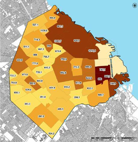 En el año 2001, sin embargo, no eran sólo en esas zonas donde se localizaban los barrios con las mayores superficies promedio, sino que otros del Oeste y Sur, como Barracas, Mataderos, Villa Lugano y