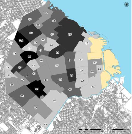 2001 2012 Mapas 2.5: Diferencia entre el precio de oferta máximo y precio mínimo por barrio. Ciudad de Buenos Aires.