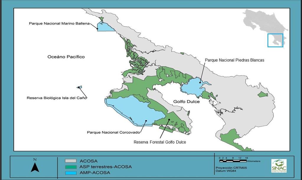 Figura 1: Áreas Silvestres Protegidas (ASP) en el Área de Conservación Osa (ACOSA) A pesar del gran potencial con el que cuentan las Áreas Silvestres Protegidas (ASPs) de ACOSA (e.g. disfrute de los servicios ecosistémicos, generación de información a través de la investigación, etc.