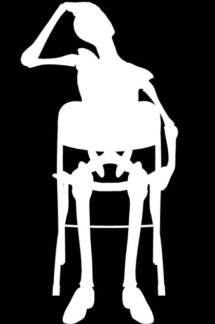 Para elongar el trapecio superior izquierdo, llevar la mano izquierda hacia el borde lateral del asiento de la silla y realizar un agarre firme para fijar el hombro izquierdo, luego llevar la cabeza