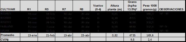 Cuadro 8. GM VII: fecha de R1, R5, R7 y R8, altura de plantas y rendimientos de cultivares de soja, campaña 2013/2014. Fecha de siembra: 14 de Noviembre.