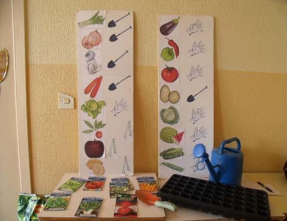 Foto 2: Cartel con imágenes de frutas y verduras y al lado de cada una de ellas la