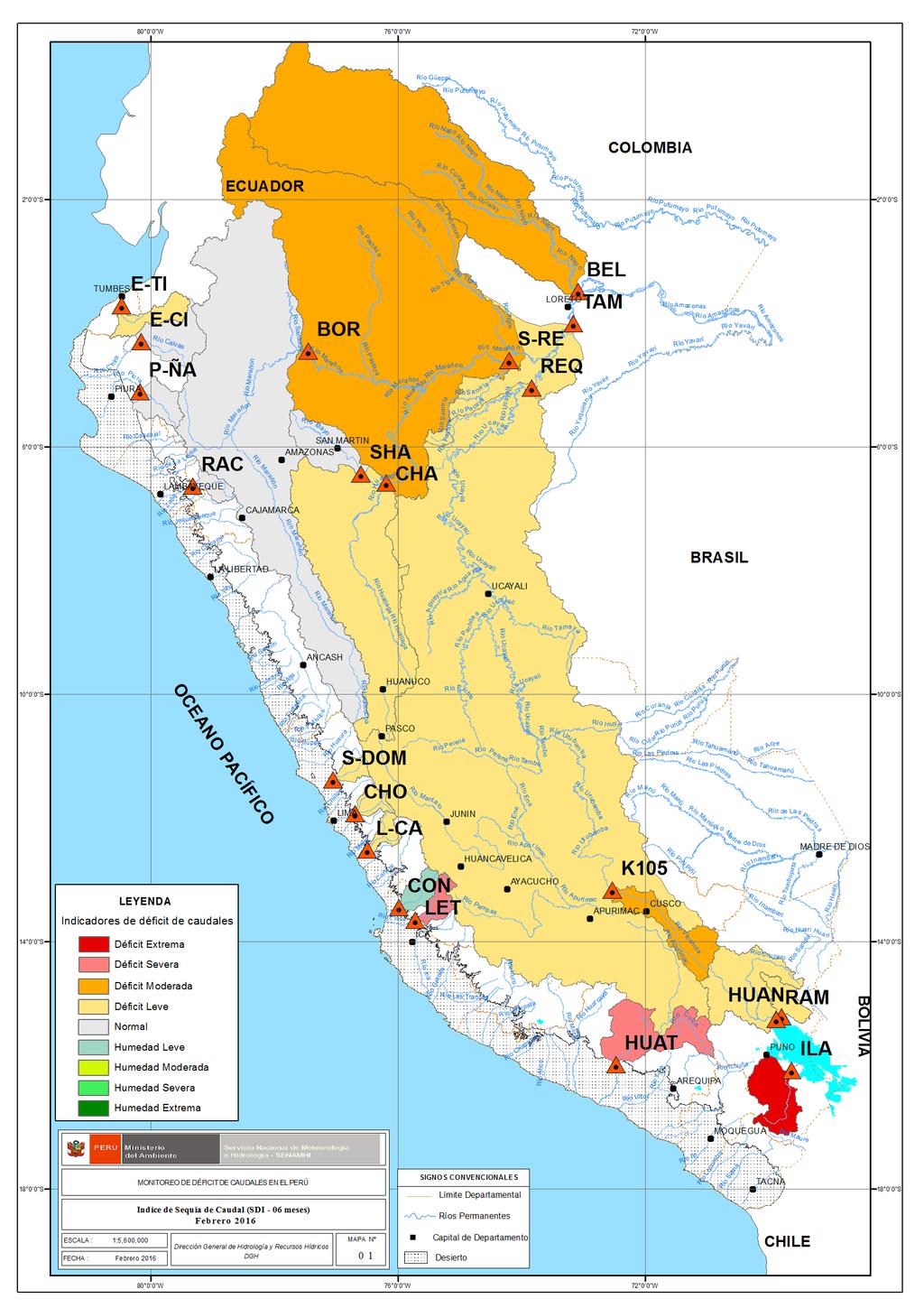 ÍNDICE DE SEQUÍA DE CAUDAL (SDI): En las cuencas de los ríos Tumbes en el norte, Chancay-Huaral, Rímac Mala de la zona central y sur, pertenecientes a la región hidrográfica del Pacífico, se