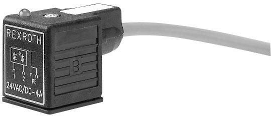Conector eléctrico, forma A, con LED amarillo, cable y diodo Z DIN 43 650 Tensión nominal Corriente de conmutación máx. [A] Sección del cable Intervalo de temp.
