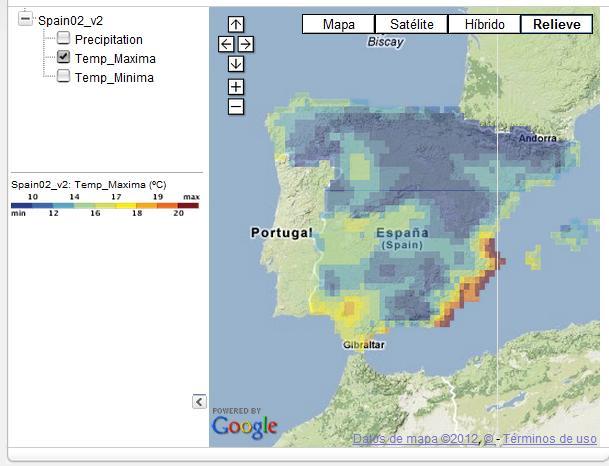 (b) (c) Figura 5.5 Spain02: Grid (aprox. 20 Km) de (a) Precipitación, (b) Temperatura máxima y (c) Temperatura mínima para el 10/04/2012. (Fuente: Página Web Grupo de Meteorología de Santander ).