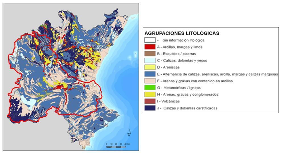 Figura 4.8 Agrupaciones litológicas cuenca del río Júcar. (Fuente: Pagina Web Confederación Hidrográfica del Júcar ) 4.3.4. Hidrogeología. Las unidades hidrogeológicas (U.GH.