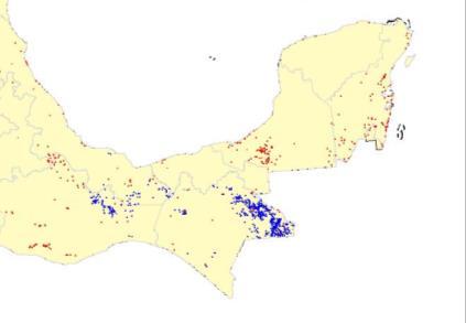 Áreas degradadas 2007 2008 Según magnitud cambio en NDVI Azul degradación Rojo deforestación Agentes degradación (Nicaragua -