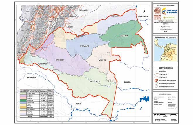 Figura 48. Mapa de Departamentos de la Amazonia colombiana. Fuente: Sinchi, 2015 En la Tabla 110 se presentan las áreas y distribución por paisajes de estos departamentos.
