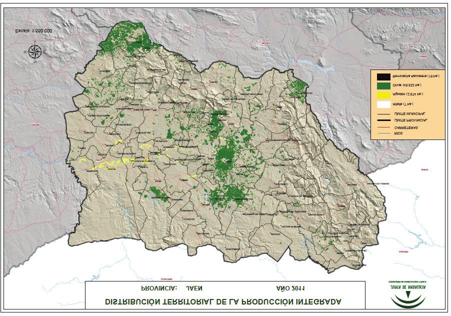 Mapa 3.5. Distribución territorial de la producción integrada en el olivar de Jaén. 2011 Fuente: Unidad de Prospectiva.