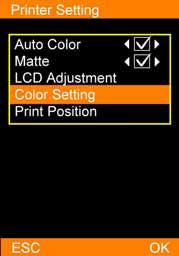 03 Configuración de color * Elija SETUP (CONFIGURACIÓN) y continuar. Seleccione Printer Setting (Configurar impresora) y, a continuación, presione [OK] (ACEPTAR) para continuar.