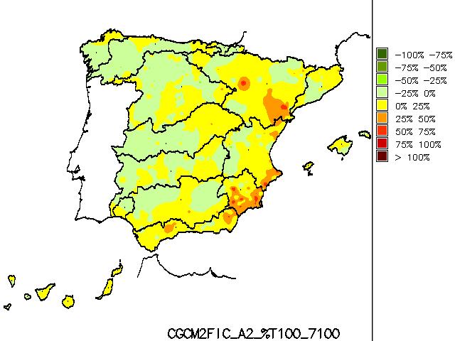 La proyección CGCM2-FIC en el escenario (figura 7) muestra desviaciones en el periodo 2071-2100 entre el 25 y 50% en el sureste y valle del Ebro y generalizados hasta el 25% en el litoral