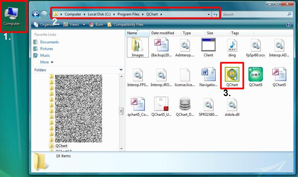 Paso 2. Encuentre el archivo de QChart en C:\Program Files\QChart\ usando el icono de la computadora. 1. Encuentre la computadora en su tablero del escritorio 2.