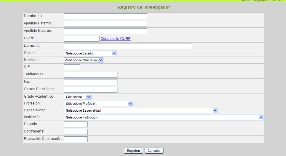 Hacer clic en el botón Nuevo Usuario, para su registro inicial de ingreso, y capturar los datos que se solicitan en la pantalla: Fig. 1.2.