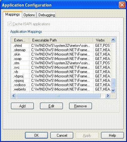 Click the Add button to open the Add/Edit Application Extension Mapping dialog box. Click Browse and browse to the location for the aspnet_isapi.dll file (it can be found at C:\WINDOWS\Microsoft.