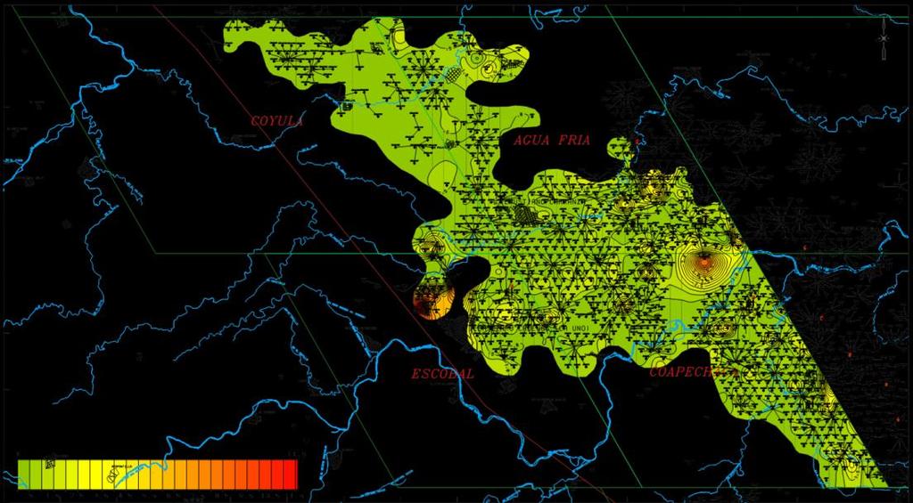 Mapa de porosidad La banda de colores verde representa valores de porosidades menores al 4%, en amarillo porosidades entre 9 y 10%, en color anaranjado entre 14 y 16% y en rojo porosidades mayores al