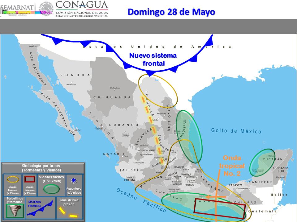 Tormentas intensas con puntuales torrenciales (150 a 250 mm): Oaxaca. Tormentas puntuales intensas (75 a 150 mm): Tamaulipas, San Luis Potosí, Querétaro, Hidalgo, Puebla, Veracruz, Guerrero y Chiapas.