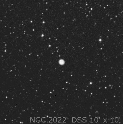 NGC 2022 N. planetaria Mag.: 11,6 B. superf.: Tamaño: 28 x 27 Distancia: 8.000 al. Constelación: Orión Coordenadas: AR 05h 42m 54.