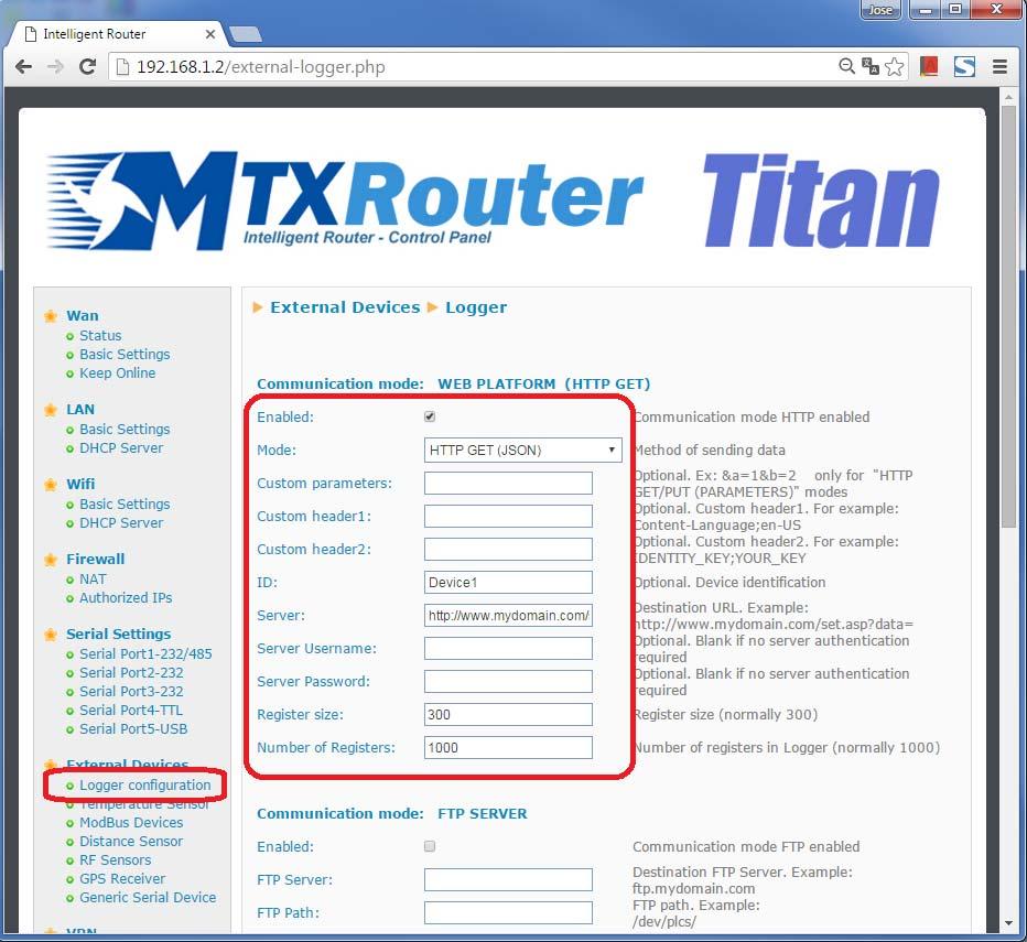 4- Configuración del logger (comunicación con servidor HTTP). El siguiente paso es configurar el Logger, esto es, el sistema de almacenamiento y envío de datos realizado por el propio router Titan.