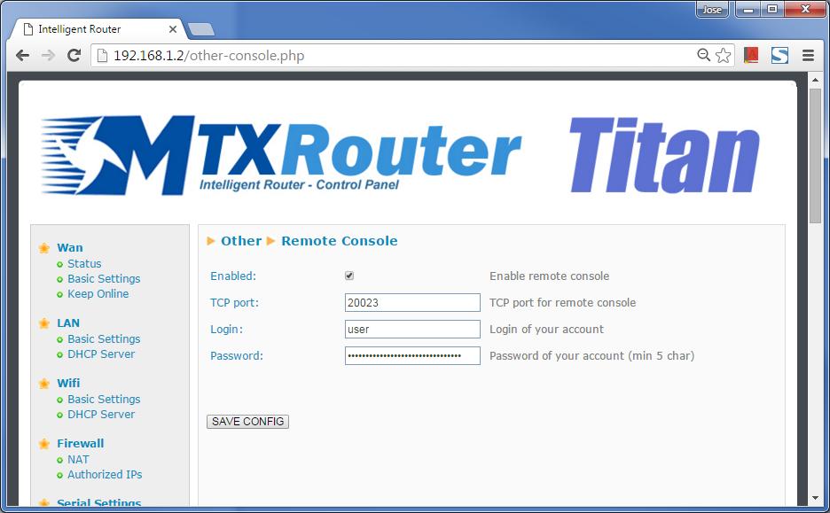 5- Configuración del socket para comandos AT Ahora configuraremos el router Titan para poder enviar comandos AT vía socket (estilo Telnet).