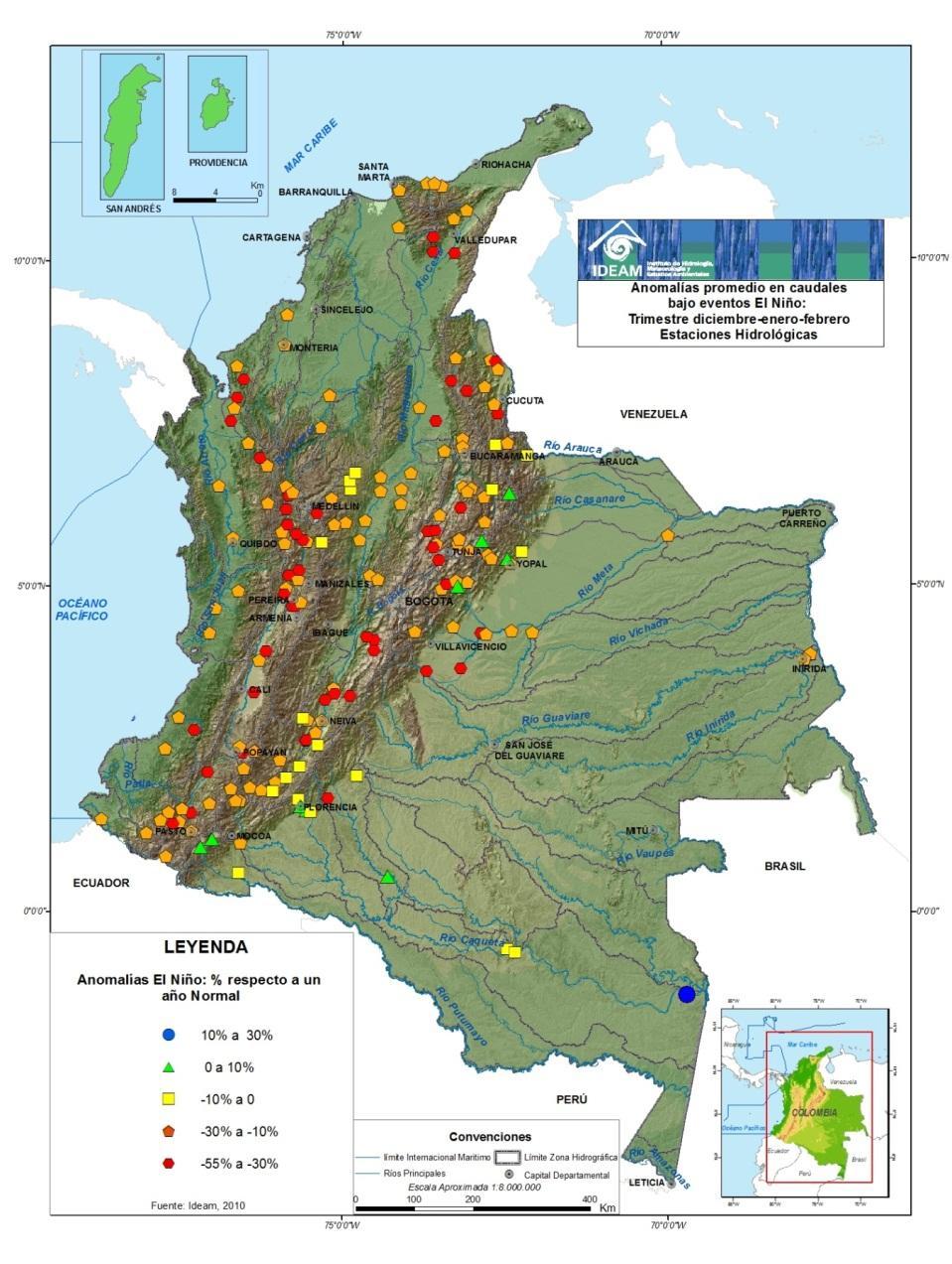 EL NIÑO Efectos en los caudales diciembre-enerofebrero Cuenca Magdalena-Cauca en promedio 26% La cuenca media del Cauca 38% Ríos Sogamoso y Suarez 30%, Río Sumapaz hasta 40% Río Cabrera 34%.