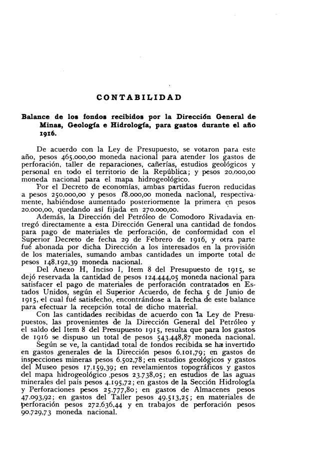 CONTABILIDAD Balance de loa Fondoa recibidos por la Dirección General de Minas, Geología e Hidrología, para gastos durante el aflo 1916.