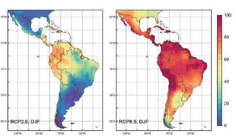 2.3 Patrones regionales de Cambio Climático Variación de la superficie afectada por temperaturas extremas en los meses de Verano austral para el año