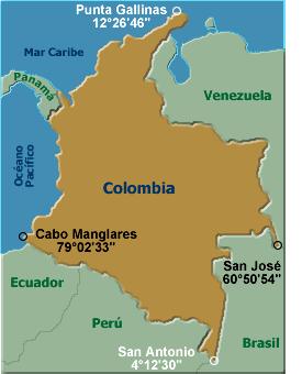 En relación con la longitud, Colombia se sitúa en el hemisferio Occidental, es decir, esta al occidente del meridiano de Greenwich o meridiano cero.