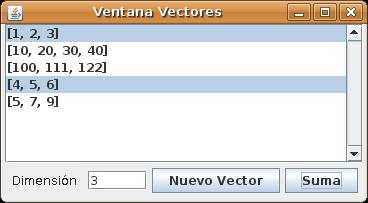 3.b. En el caso pulsar aceptar, la aplicación muestra el nuevo vector en la lista de la VentanaVectores. Caso de uso "Suma vectores": 1.