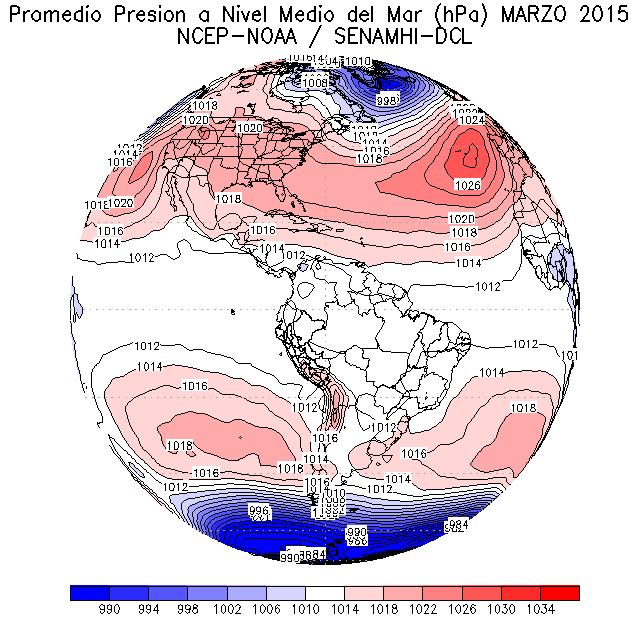 Presión a Nivel del Mar (APS) Durante el mes de marzo, el Anticiclón del Pacífico Sur (APS) mostró anomalías negativas de hasta -3 hpa (1017 hpa) en su centro de alta