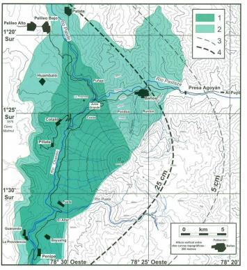 Capítulo siete Anexos Anexo 1: Mapa de afectación Volcán Tungurahua Fuente: Adaptado de Le Pennec et al, 2005. 1. Área que sería afectada por una pequeña avalancha que caiga por el flanco occidental; 2.
