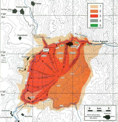 Anexo 2: Mapa de peligros volcánicos Anexo 2: Mapa de peligros volcán Tungurahua Mapa de peligros volcánicos: flujos de lodo y escombros (lahares), flujos piroclásticos y flujos de lava.