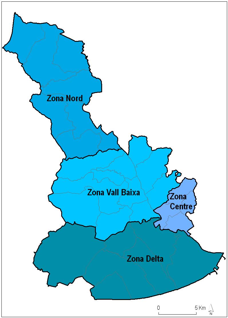 Delimitació de l àmbit d estudi Zones territorials de la comarca del Baix Llobregat L anàlisi de la mobilitat de la comarca s ha fet a partir de la segmentació de l àmbit en les quatre zones que es